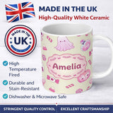 Personalized Custom Name Cute Pink Halloween Bunny Candy Ghost Pumpkin Seamless Pattern 11oz Ceramic Coffee Tea Mug White Large Handle