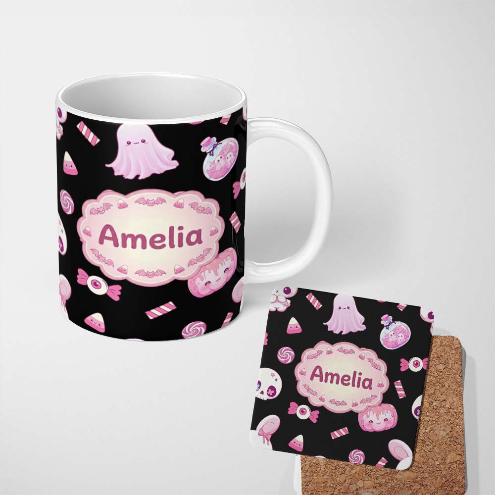 Personalized Custom Name Cute Halloween Bunny Ghost Candy Pumpkin Seamless Pattern Black 11oz Ceramic Coffee Tea Mug White Large Handle
