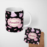 Personalized Custom Name Cute Halloween Bunny Ghost Candy Pumpkin Seamless Pattern Black 11oz Ceramic Coffee Tea Mug White Large Handle