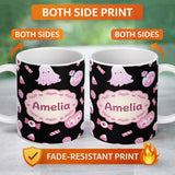 Personalized Custom Name Cute Halloween Bunny Ghost Candy Pumpkin Seamless Pattern Black 11oz Ceramic Coffee Tea Mug White Large Handle
