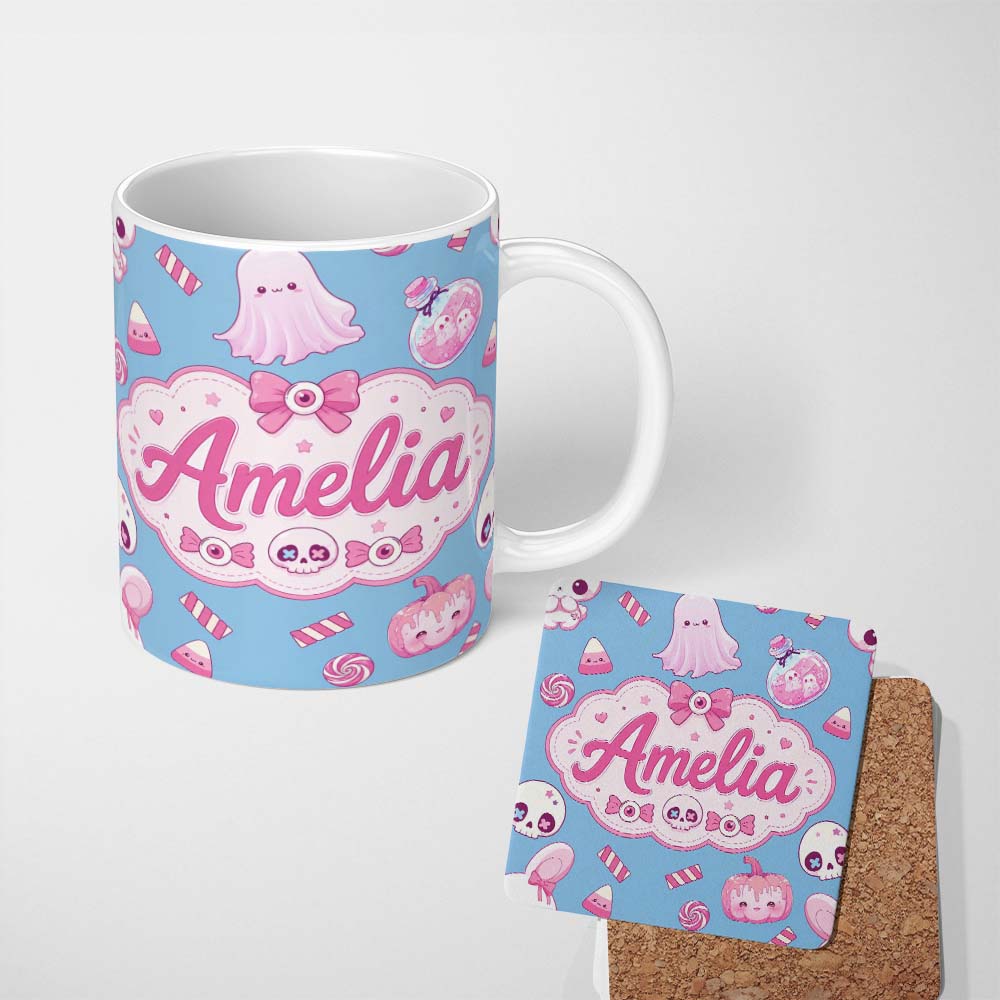 Personalized Custom Name Cute Halloween Bunny Ghost Candy Pumpkin Seamless Pattern Blue 11oz Ceramic Coffee Tea Mug White Large Handle