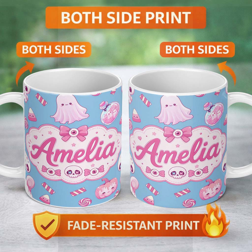 Personalized Custom Name Cute Halloween Bunny Ghost Candy Pumpkin Seamless Pattern Blue 11oz Ceramic Coffee Tea Mug White Large Handle