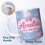 Personalized Custom Name Cute Halloween Bunny Ghost Candy Pumpkin Seamless Pattern Blue 11oz Ceramic Coffee Tea Mug White Large Handle