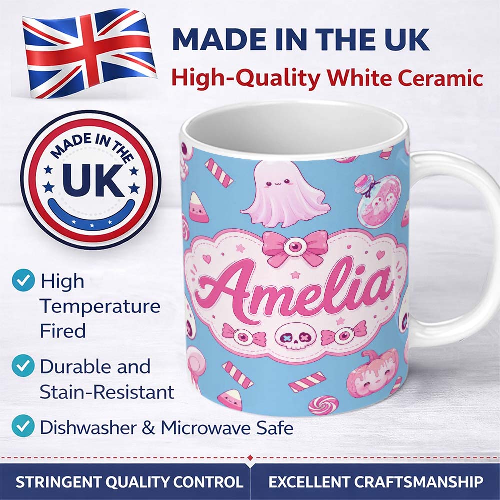 Personalized Custom Name Cute Halloween Bunny Ghost Candy Pumpkin Seamless Pattern Blue 11oz Ceramic Coffee Tea Mug White Large Handle
