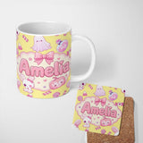 Personalized Custom Name Cute Halloween Bunny Ghost Candy Pumpkin Seamless Pattern Yellow 11oz Ceramic Coffee Tea Mug White Large Handle