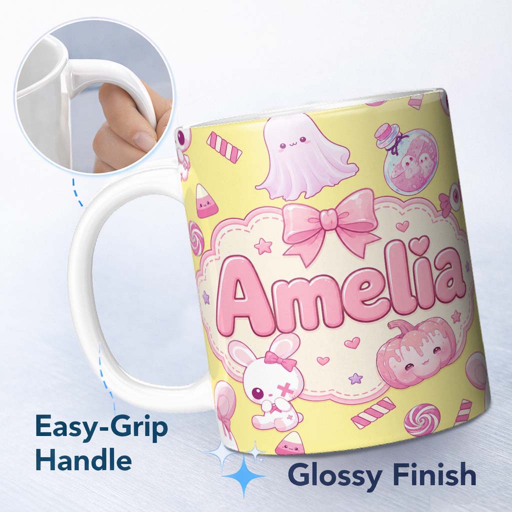 Personalized Custom Name Cute Halloween Bunny Ghost Candy Pumpkin Seamless Pattern Yellow 11oz Ceramic Coffee Tea Mug White Large Handle
