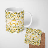 Personalized Custom Name Classic Lemon Branch Pattern with Blossoms on Light Background 11oz Ceramic Coffee Tea Mug White Large Handle