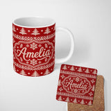Personalized Custom Name Cute Red Knitted Christmas Tree Snowflake Nordic Classic Seamless 11oz Ceramic Coffee Tea Mug White Large Handle