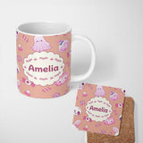 Personalized Custom Name Cute Halloween Bunny Ghost Candy Pumpkin Seamless Pattern Peach 11oz Ceramic Coffee Tea Mug White Large Handle