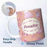 Personalized Custom Name Cute Halloween Bunny Ghost Candy Pumpkin Seamless Pattern Peach 11oz Ceramic Coffee Tea Mug White Large Handle