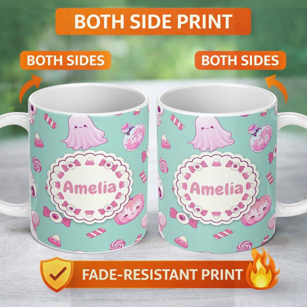 Personalized Custom Name Cute Halloween Bunny Ghost Candy Pumpkin Seamless Pattern Teal 11oz Ceramic Coffee Tea Mug White Large Handle