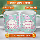 Personalized Custom Name Cute Halloween Bunny Ghost Candy Pumpkin Seamless Pattern Teal 11oz Ceramic Coffee Tea Mug White Large Handle