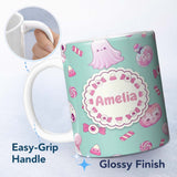 Personalized Custom Name Cute Halloween Bunny Ghost Candy Pumpkin Seamless Pattern Teal 11oz Ceramic Coffee Tea Mug White Large Handle