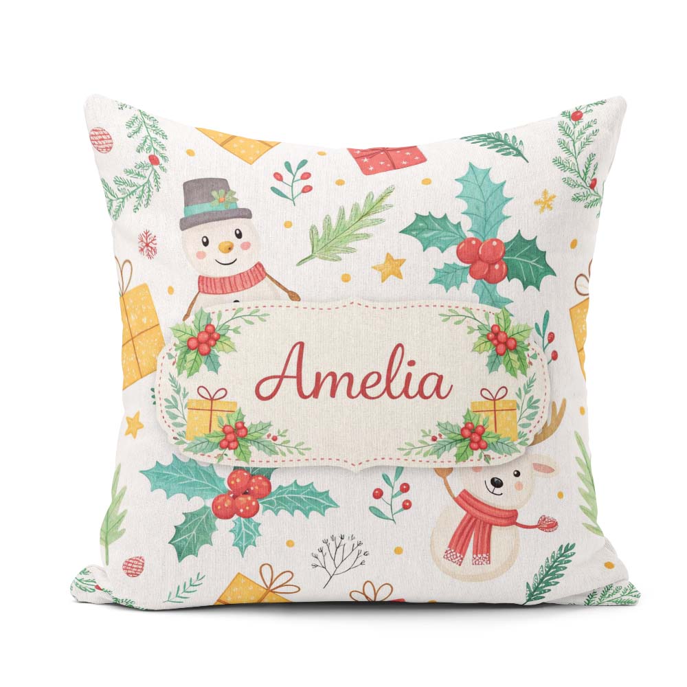 Custom Name Christmas Snowman Holly Reindeer Seamless Pattern Square Filled Cushion Throw Pillow Sofa Bed Home Decor Zip Washable UK Made