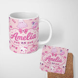 Personalized Custom Name Cute Halloween Bunny Ghost Candy Pumpkin Seamless Pattern Soft Pink 11oz Ceramic Coffee Tea Mug White Large Handle