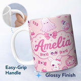 Personalized Custom Name Cute Halloween Bunny Ghost Candy Pumpkin Seamless Pattern Soft Pink 11oz Ceramic Coffee Tea Mug White Large Handle