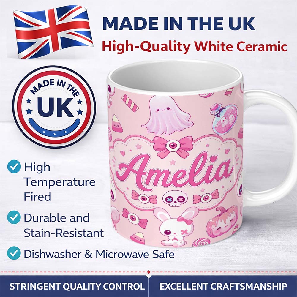 Personalized Custom Name Cute Halloween Bunny Ghost Candy Pumpkin Seamless Pattern Soft Pink 11oz Ceramic Coffee Tea Mug White Large Handle