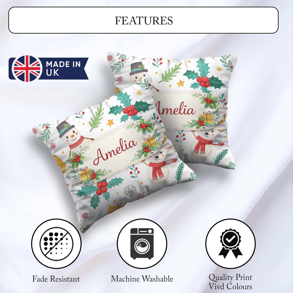 Custom Name Christmas Snowman Holly Reindeer Seamless Pattern Square Filled Cushion Throw Pillow Sofa Bed Home Decor Zip Washable UK Made
