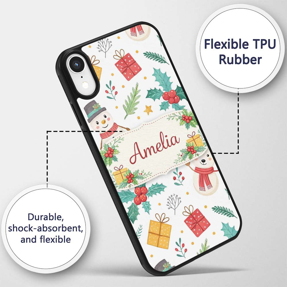 Cute Christmas Snowman Holly Reindeer Seamless Custom Name Protective Phone Case Mobile Cover Durable Everyday Smartphone Shock Resistant