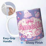 Personalized Custom Name Cute Halloween Bunny Ghost Candy Pumpkin Seamless Pattern Purple 11oz Ceramic Coffee Tea Mug White Large Handle