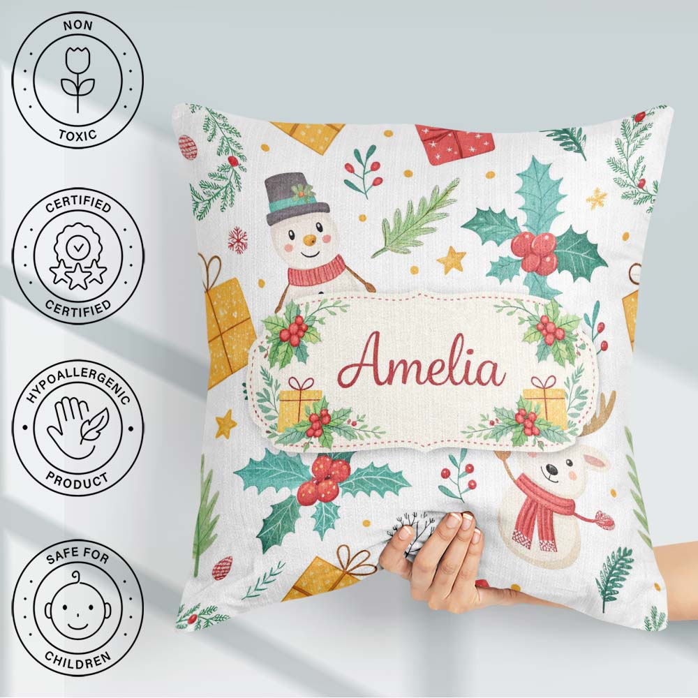 Custom Name Christmas Snowman Holly Reindeer Seamless Pattern Square Filled Cushion Throw Pillow Sofa Bed Home Decor Zip Washable UK Made