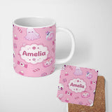 Personalized Custom Name Cute Halloween Bunny Ghost Candy Pumpkin Seamless Pattern Blush 11oz Ceramic Coffee Tea Mug White Large Handle