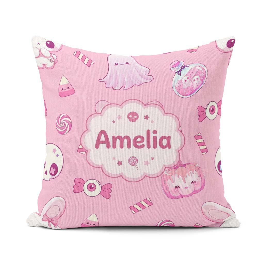 Custom Name Halloween Bunny Ghost Candy Pumpkin Seamless Pattern Square Filled Cushion Throw Pillow Sofa Bed Home Decor Zip Washable UK Made
