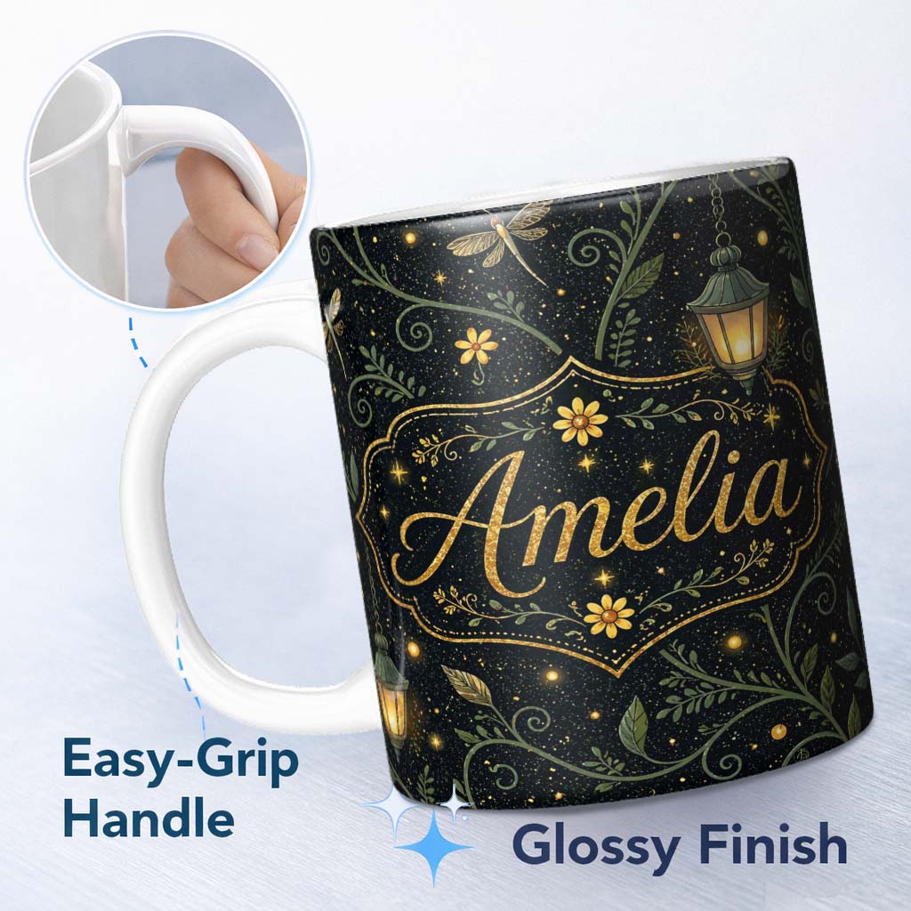 Personalized Custom Name Celestial Lantern Botanical Firefly Night Seamless Pattern Lovely 11oz Ceramic Coffee Tea Mug White Large Handle