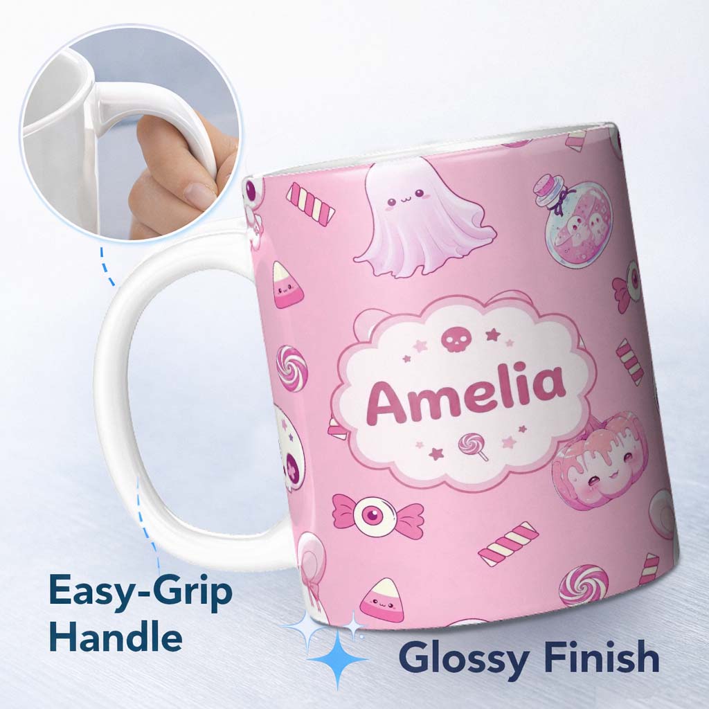 Personalized Custom Name Cute Halloween Bunny Ghost Candy Pumpkin Seamless Pattern Blush 11oz Ceramic Coffee Tea Mug White Large Handle