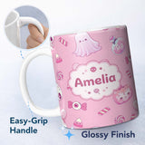 Personalized Custom Name Cute Halloween Bunny Ghost Candy Pumpkin Seamless Pattern Blush 11oz Ceramic Coffee Tea Mug White Large Handle