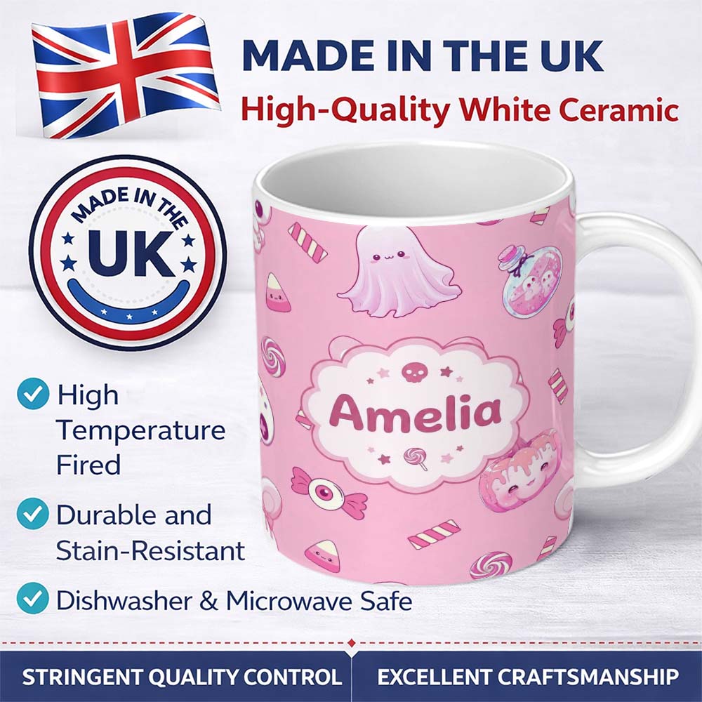 Personalized Custom Name Cute Halloween Bunny Ghost Candy Pumpkin Seamless Pattern Blush 11oz Ceramic Coffee Tea Mug White Large Handle