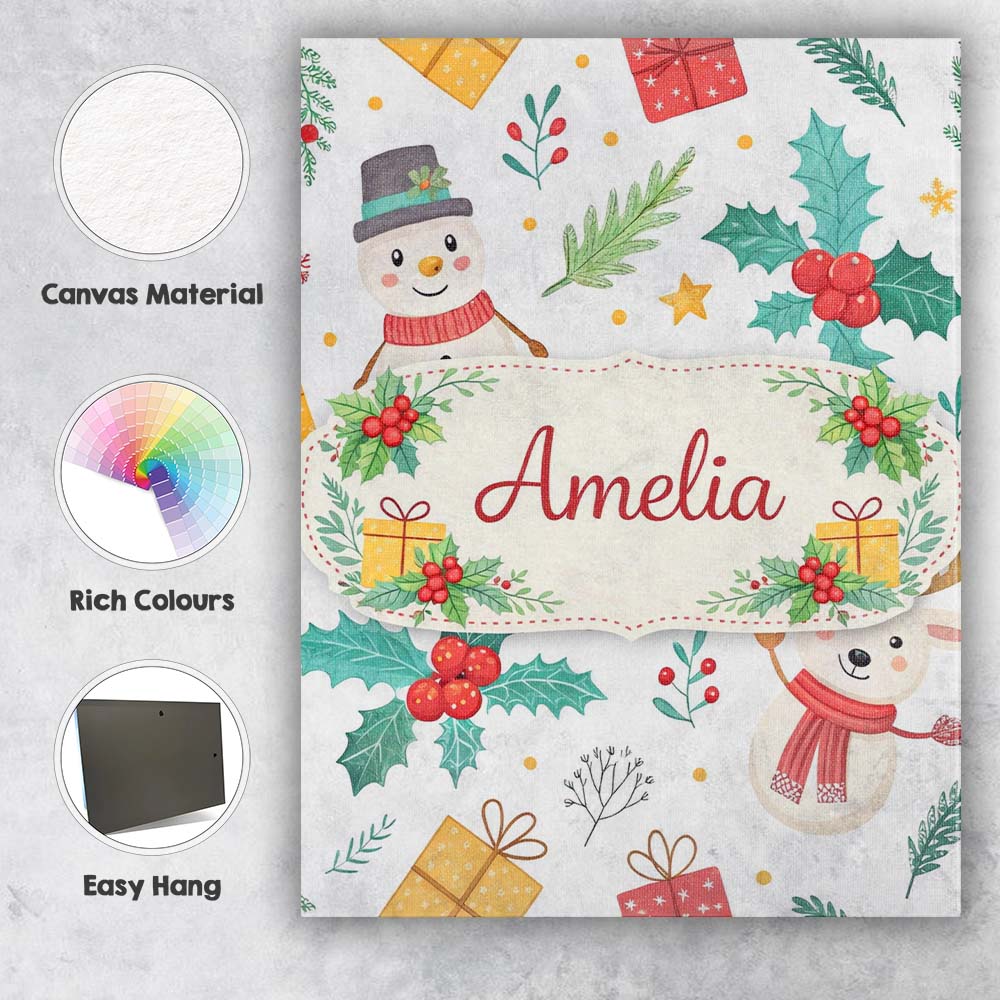 Personalised Name Cute Christmas Snowman Holly Reindeer Seamless Custom  Interior Canvas Wall Art Print Decor Picture Ready to Hang