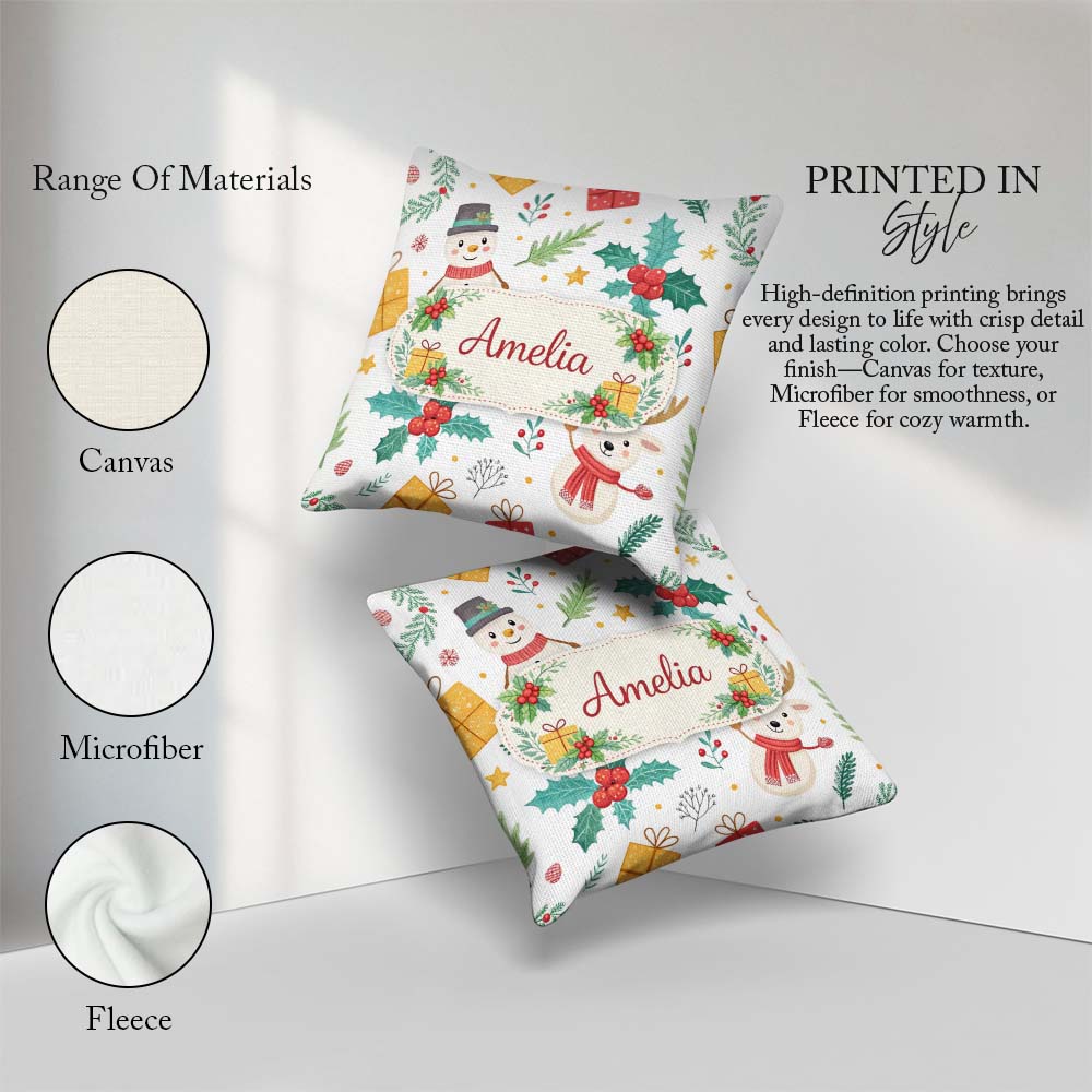 Custom Name Christmas Snowman Holly Reindeer Seamless Pattern Square Filled Cushion Throw Pillow Sofa Bed Home Decor Zip Washable UK Made