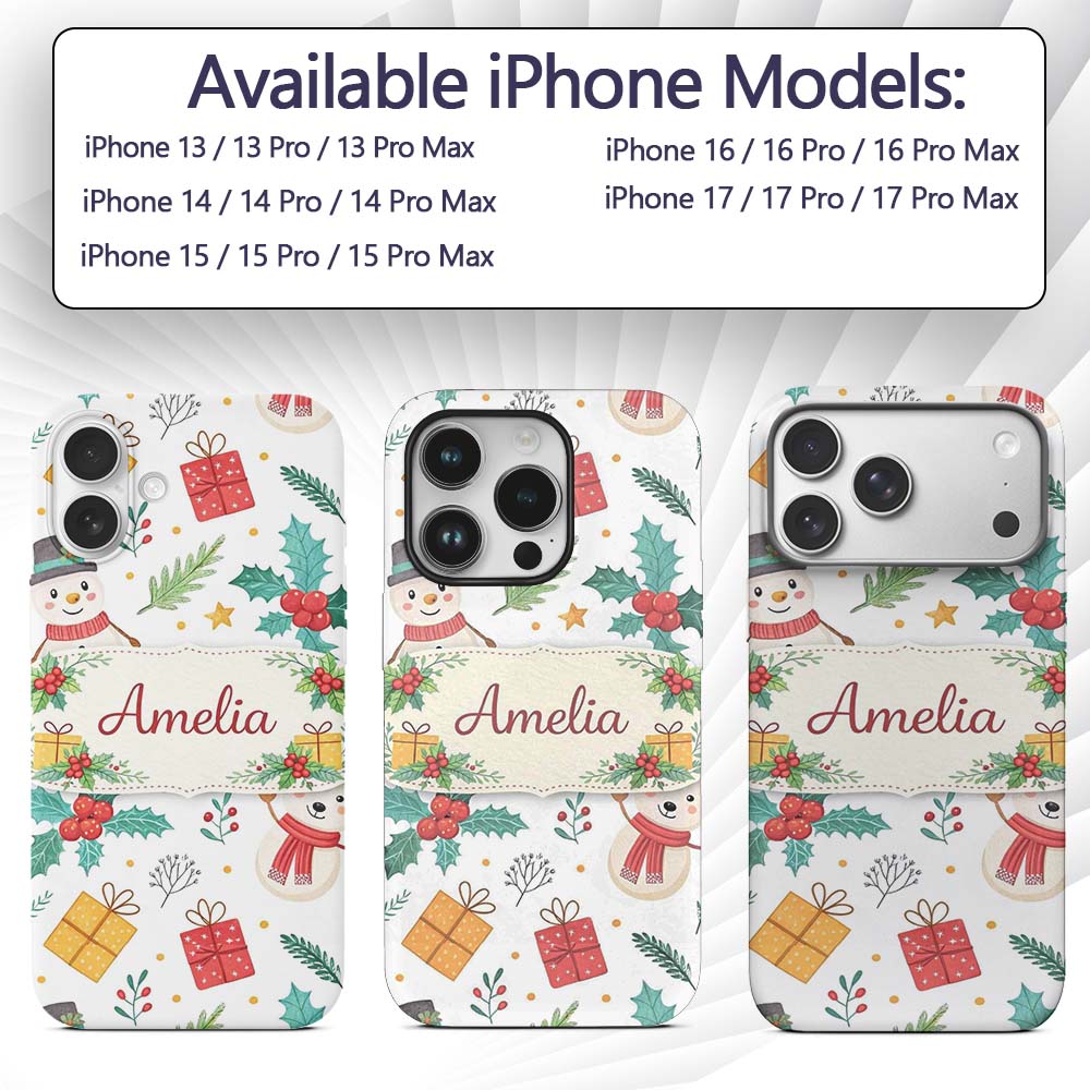 Cute Christmas Snowman Holly Reindeer Seamless Custom Name Protective Phone Case Mobile Cover Durable Everyday Smartphone Shock Resistant