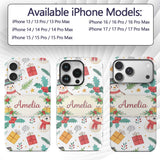 Cute Christmas Snowman Holly Reindeer Seamless Custom Name Protective Phone Case Mobile Cover Durable Everyday Smartphone Shock Resistant