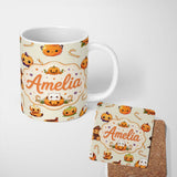 Personalized Custom Name Cute Kawaii Halloween Pumpkin Candy Scarecrow Seamless Pattern 11oz Ceramic Coffee Tea Mug White Large Handle