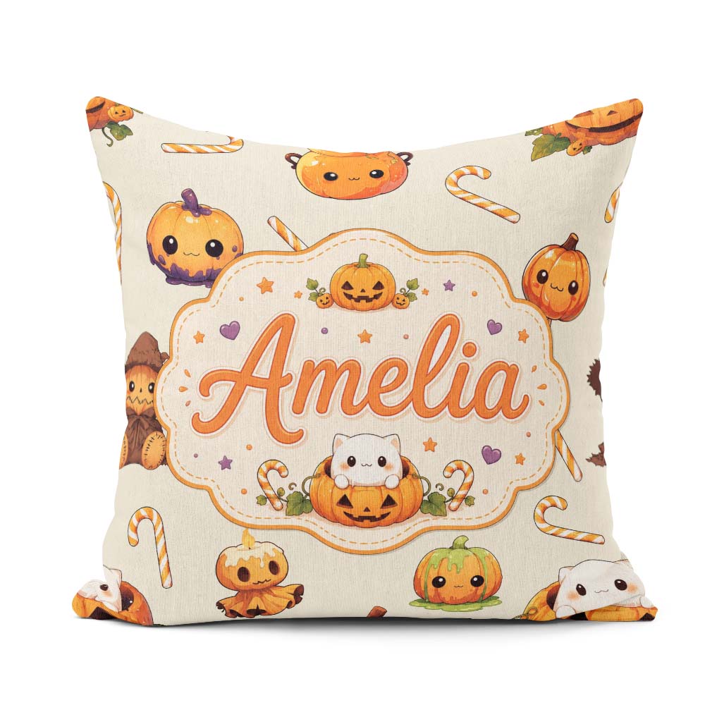 Custom Name Cute Kawaii Halloween Pumpkin Candy Seamless Pattern Square Filled Cushion Throw Pillow Sofa Bed Home Decor Zip Washable UK Made