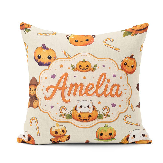 Custom Name Cute Kawaii Halloween Pumpkin Candy Seamless Pattern Square Filled Cushion Throw Pillow Sofa Bed Home Decor Zip Washable UK Made
