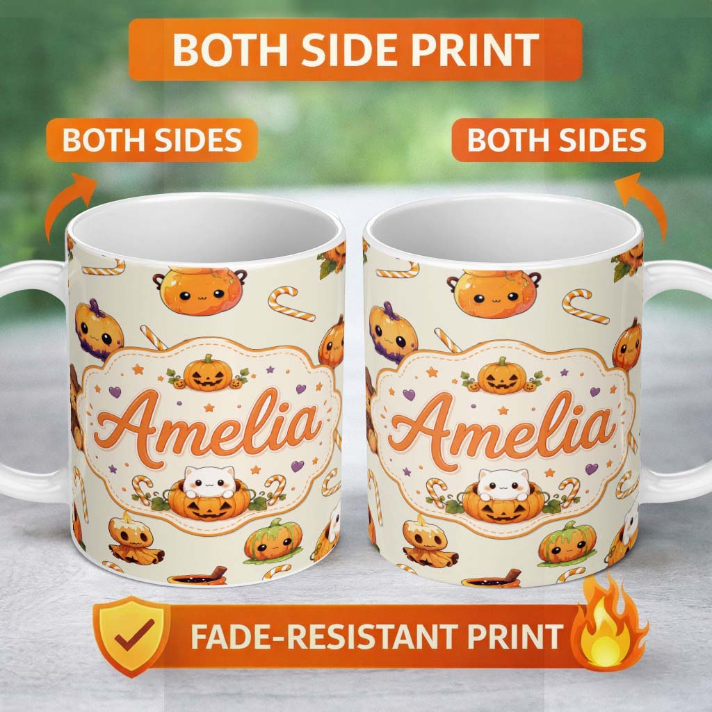 Personalized Custom Name Cute Kawaii Halloween Pumpkin Candy Scarecrow Seamless Pattern 11oz Ceramic Coffee Tea Mug White Large Handle