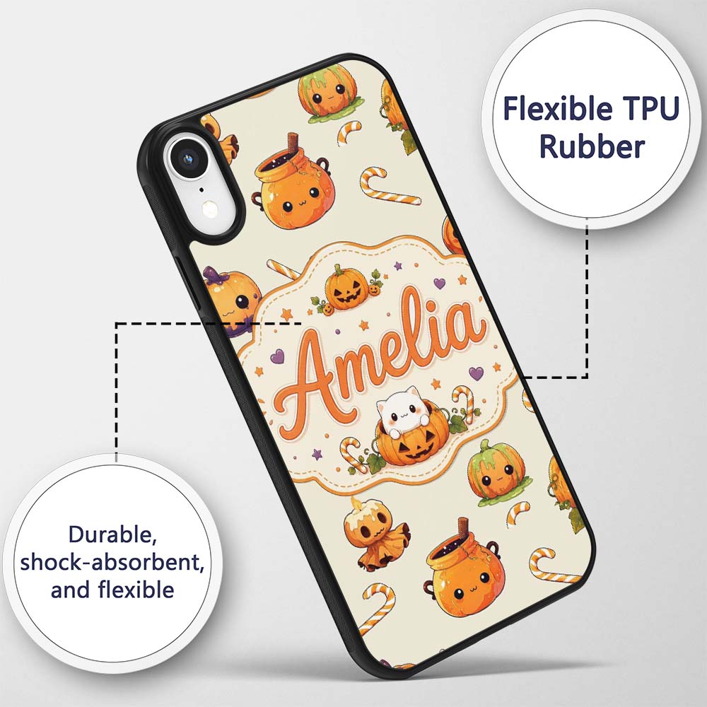 Cute Kawaii Halloween Pumpkin Candy Scarecrow Custom Name Protective Phone Case Mobile Cover Durable Everyday Smartphone Shock Resistant