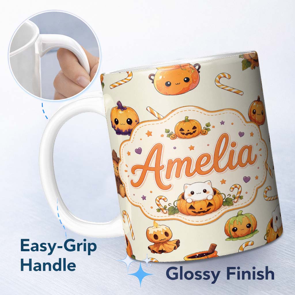 Personalized Custom Name Cute Kawaii Halloween Pumpkin Candy Scarecrow Seamless Pattern 11oz Ceramic Coffee Tea Mug White Large Handle