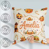 Custom Name Cute Kawaii Halloween Pumpkin Candy Seamless Pattern Square Filled Cushion Throw Pillow Sofa Bed Home Decor Zip Washable UK Made
