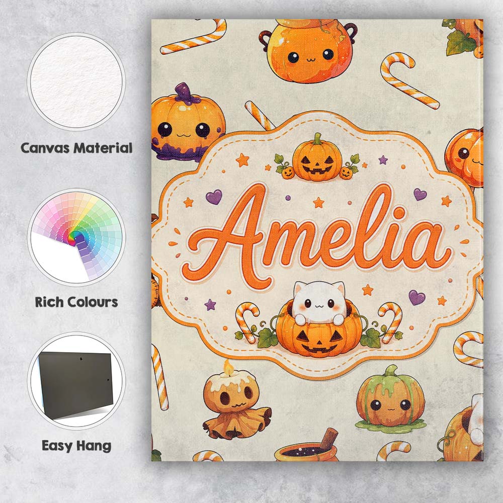 Personalised Name Cute Kawaii Halloween Custom  Modern Room Accent Elegant Feature Canvas Wall Art Print Decor Picture Ready to Hang