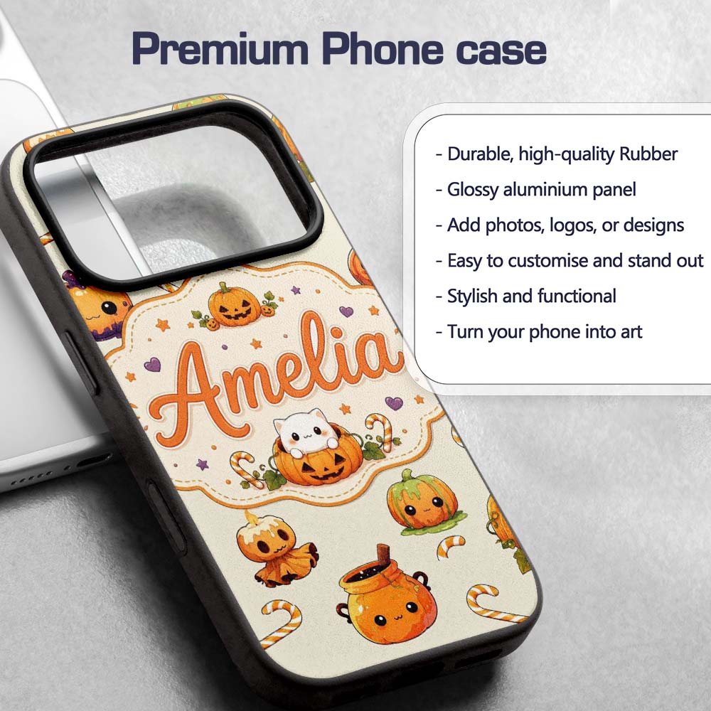 Cute Kawaii Halloween Pumpkin Candy Scarecrow Custom Name Protective Phone Case Mobile Cover Durable Everyday Smartphone Shock Resistant