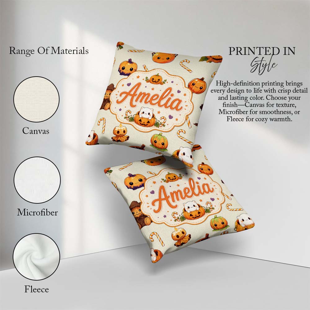 Custom Name Cute Kawaii Halloween Pumpkin Candy Seamless Pattern Square Filled Cushion Throw Pillow Sofa Bed Home Decor Zip Washable UK Made