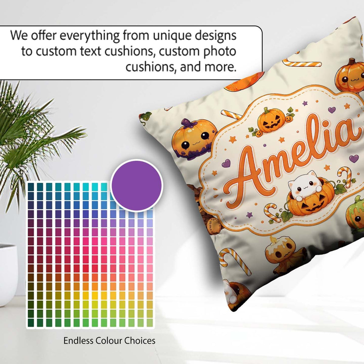 Custom Name Cute Kawaii Halloween Pumpkin Candy Seamless Pattern Square Filled Cushion Throw Pillow Sofa Bed Home Decor Zip Washable UK Made