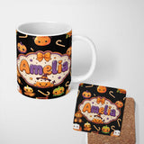 Personalized Custom Name Cute Kawaii Halloween Pumpkin Candy Scarecrow Seamless Pattern 11oz Ceramic Coffee Tea Mug White Large Handle