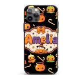 Cute Kawaii Halloween Pumpkin Candy Scarecrow Custom Name Protective Phone Case Mobile Cover Durable Everyday Smartphone Shock Resistant
