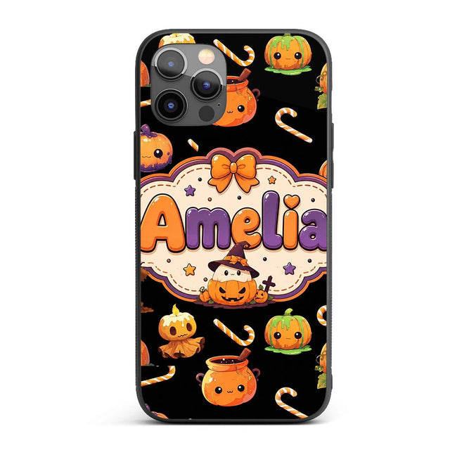 Cute Kawaii Halloween Pumpkin Candy Scarecrow Custom Name Protective Phone Case Mobile Cover Durable Everyday Smartphone Shock Resistant