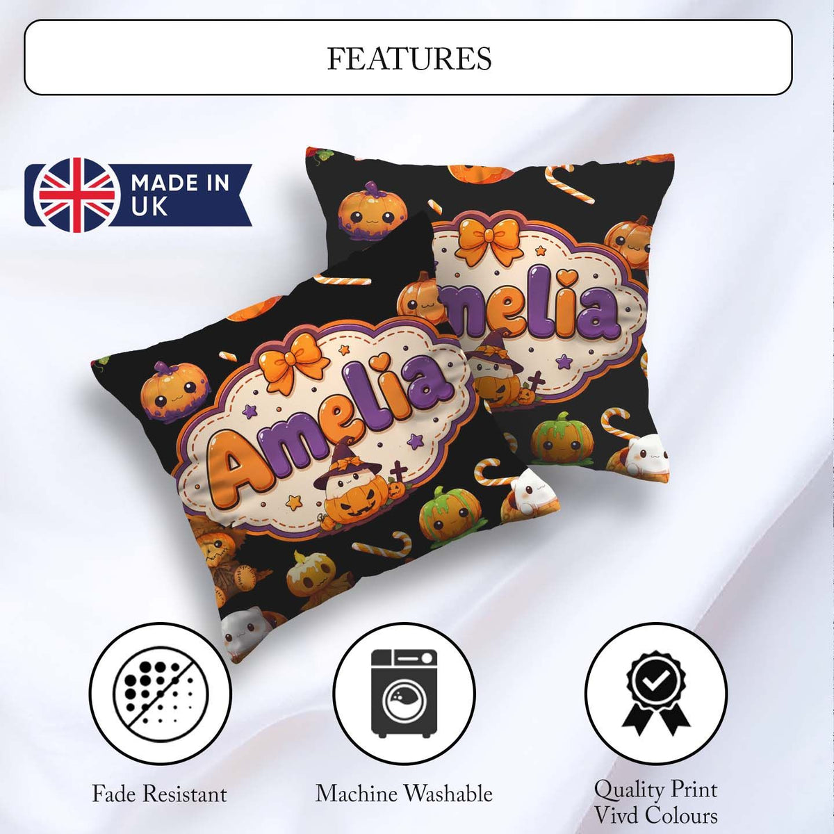 Custom Name Cute Kawaii Halloween Pumpkin Candy Seamless Pattern Square Filled Cushion Throw Pillow Sofa Bed Home Decor Zip Washable UK Made